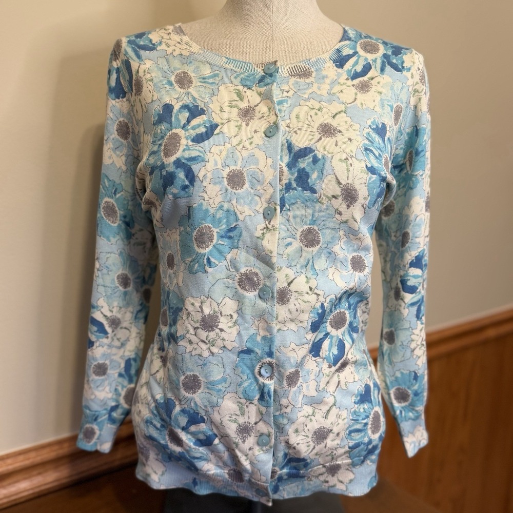 Pendleton Floral Cardigan Sweater Silk Blend 3/4 Sleeves (XL) Cute Preppy Modest